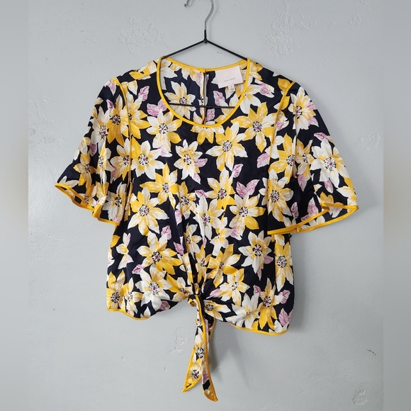 Cinq A Sept Kristi Floral Silk Tie Crop Short Sleeve Floral Blouse Small - Picture 3 of 8